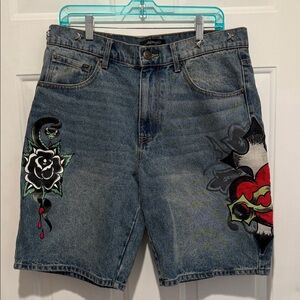 Ed Hardy Sacred Heart Denim Shorts